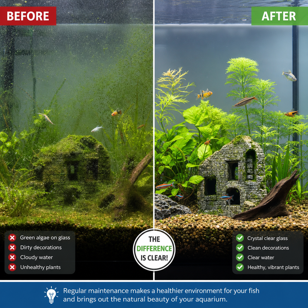 Before and after comparison of an algae-covered aquarium versus a clean planted tank