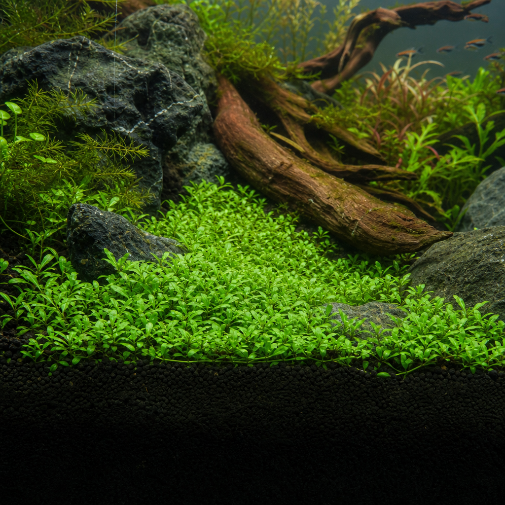 Staurogyne Repens growing as a lush green midground bush in a planted aquarium